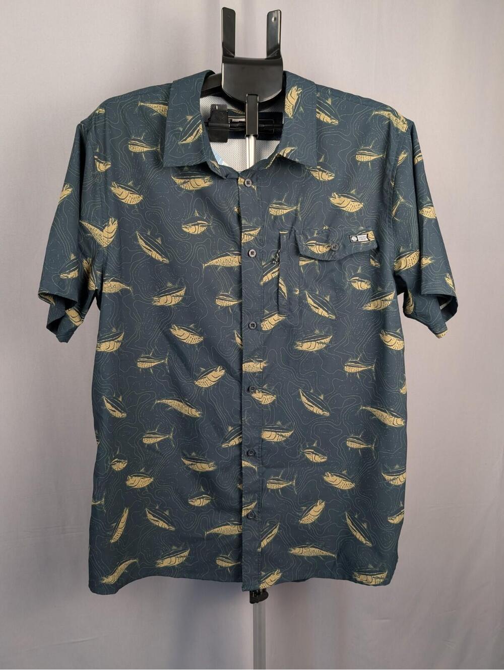 Salty Crew Fish Print Fishing Shirt Men's XL Teal Gold